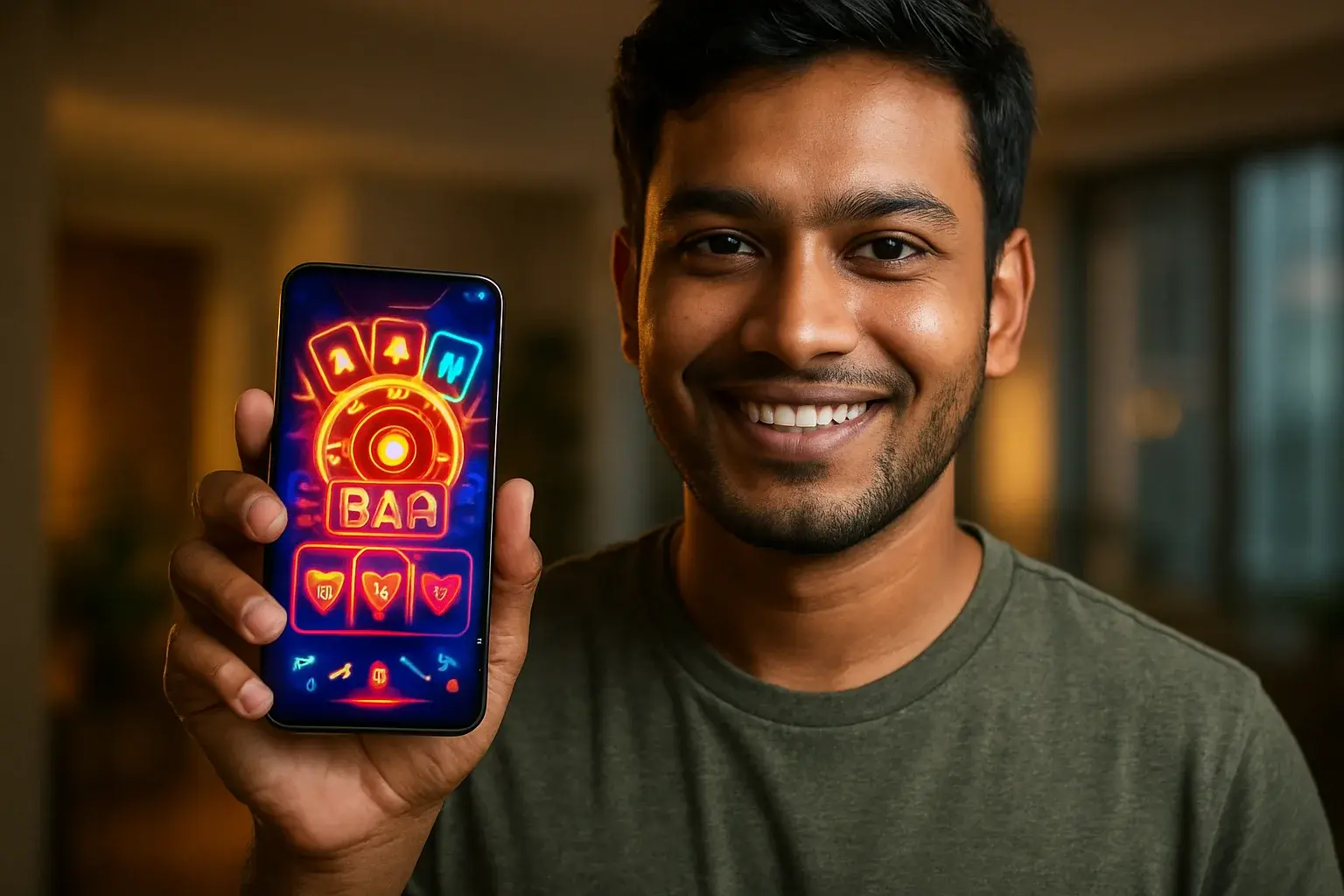 Young Bangladeshi man holding smartphone showing colorful mobile casino app interface