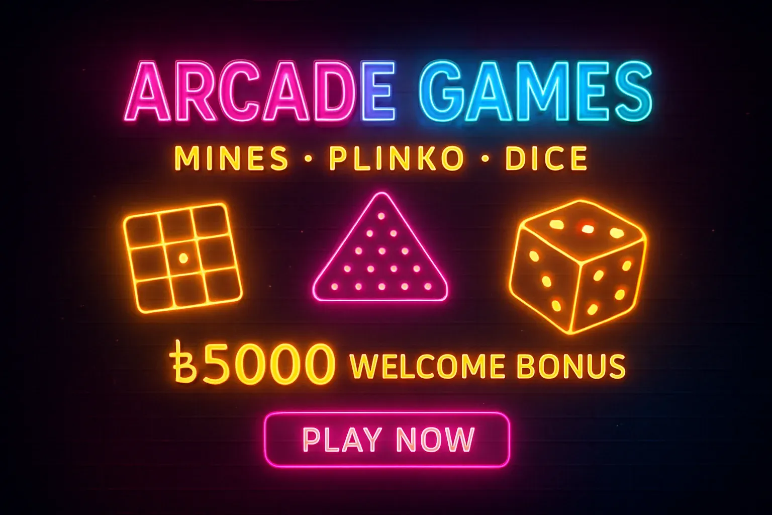 Neon arcade games banner with mines, plinko, dice and play now button
