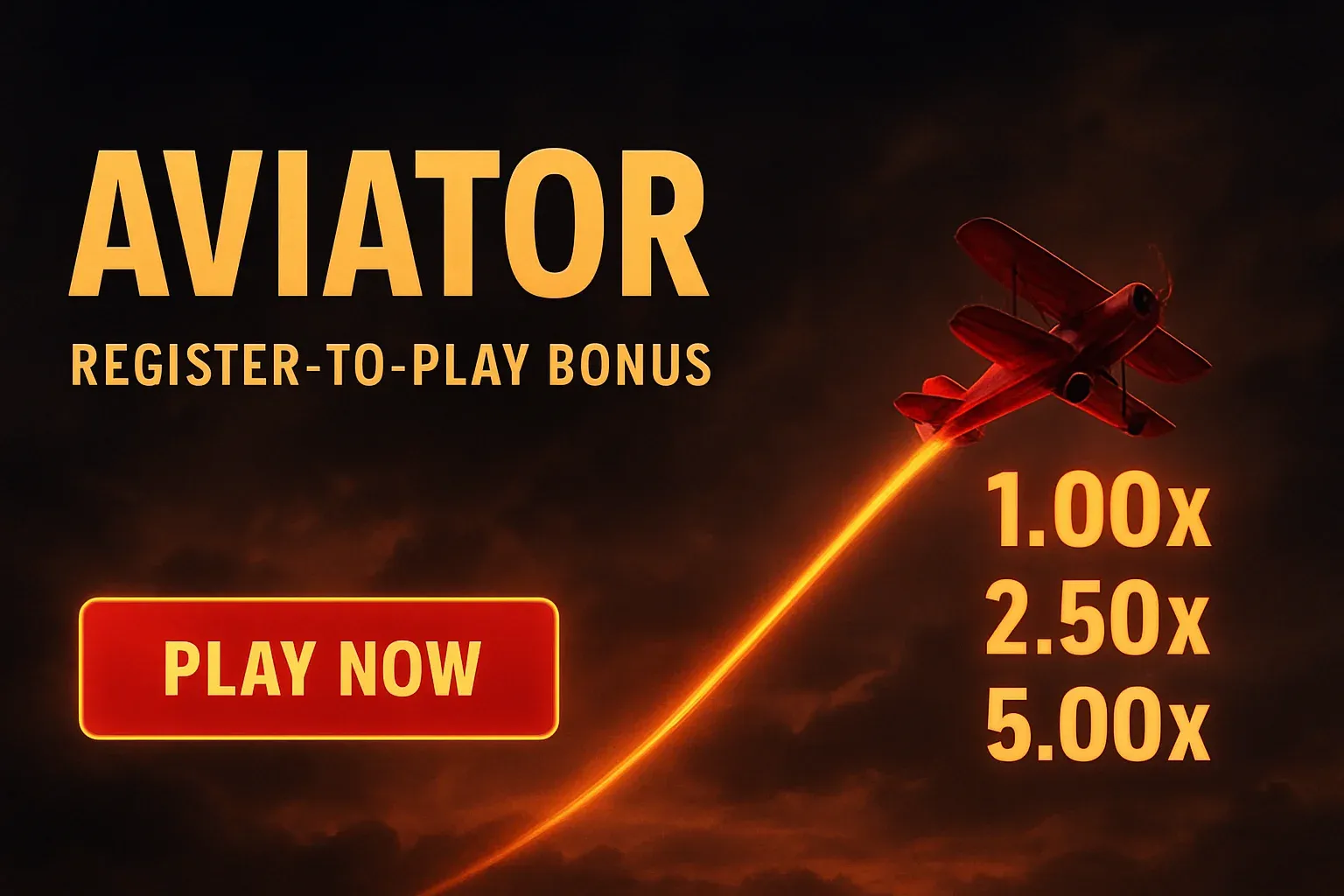 Aviator crash game banner with red plane, multipliers, and play button