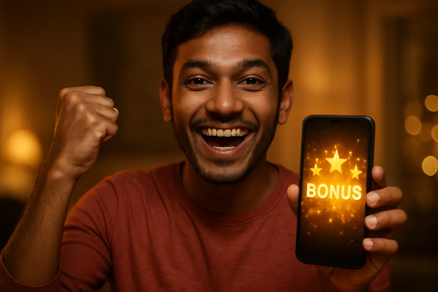 Joyful Bangladeshi man holding smartphone with glowing bonus notification and celebrating