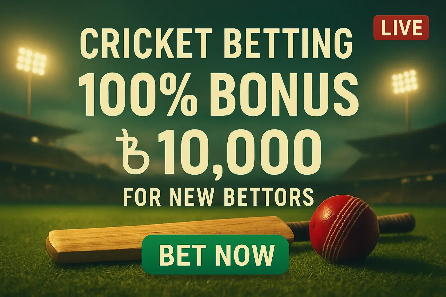 Cricket betting banner with stadium, bat, ball, bonus and Bet Now button