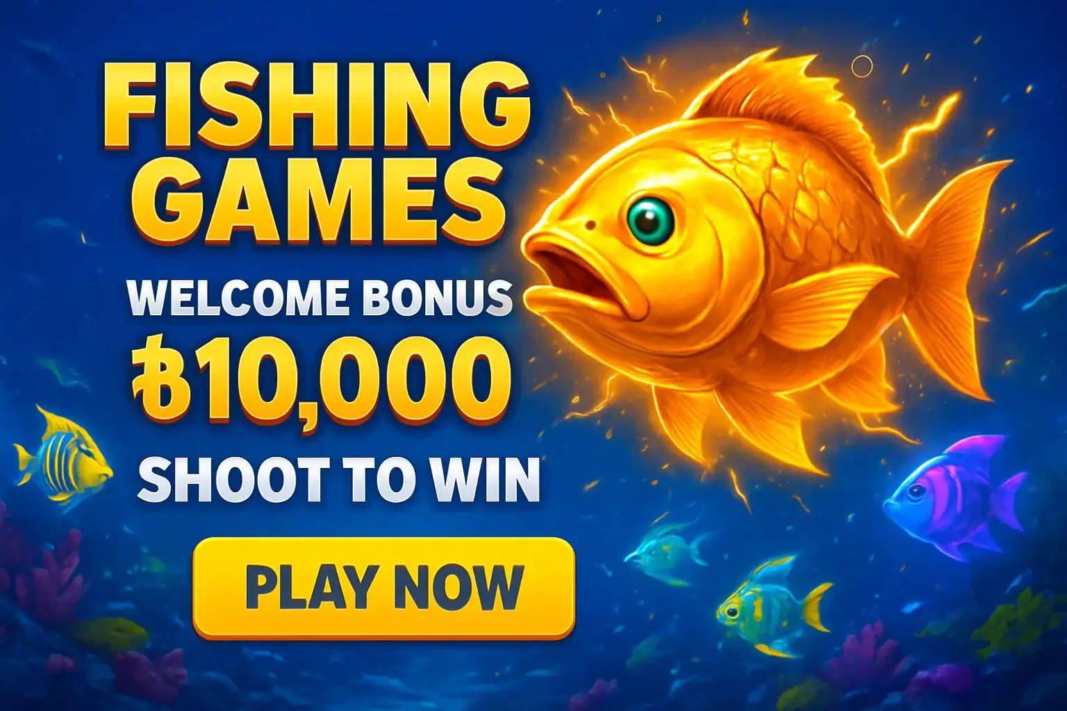 Fishing arcade banner with boss fish, bonus offer, and play button