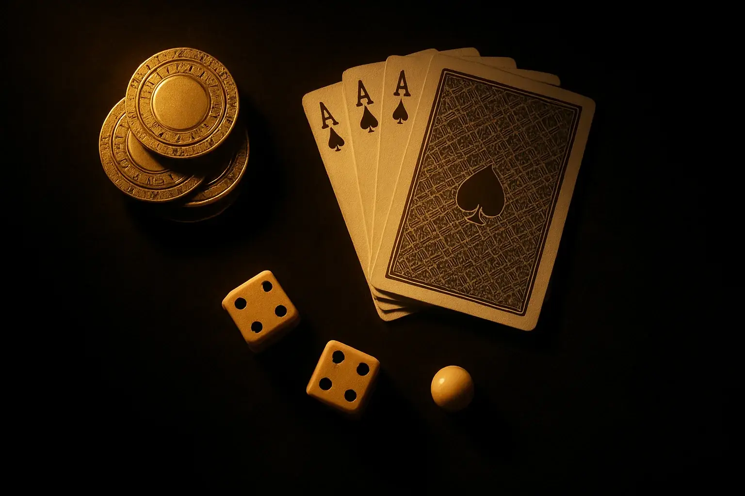 Top-down casino scene with golden chips, cards, dice, and roulette ball