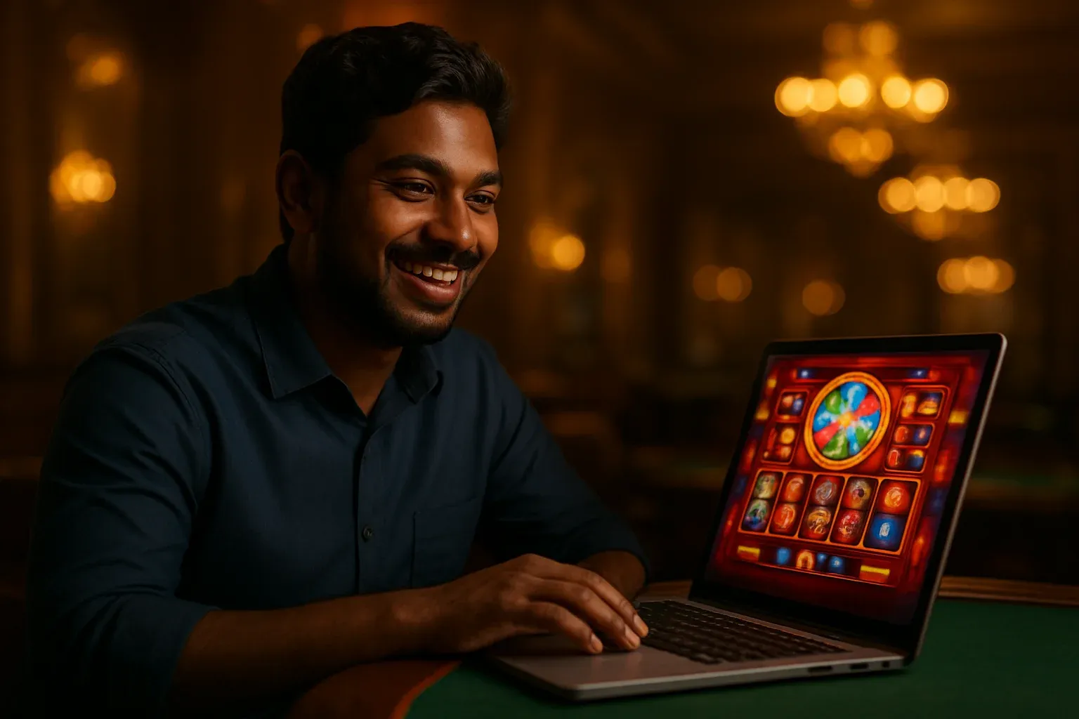 Cheerful Bangladeshi man with open laptop at premium casino lounge