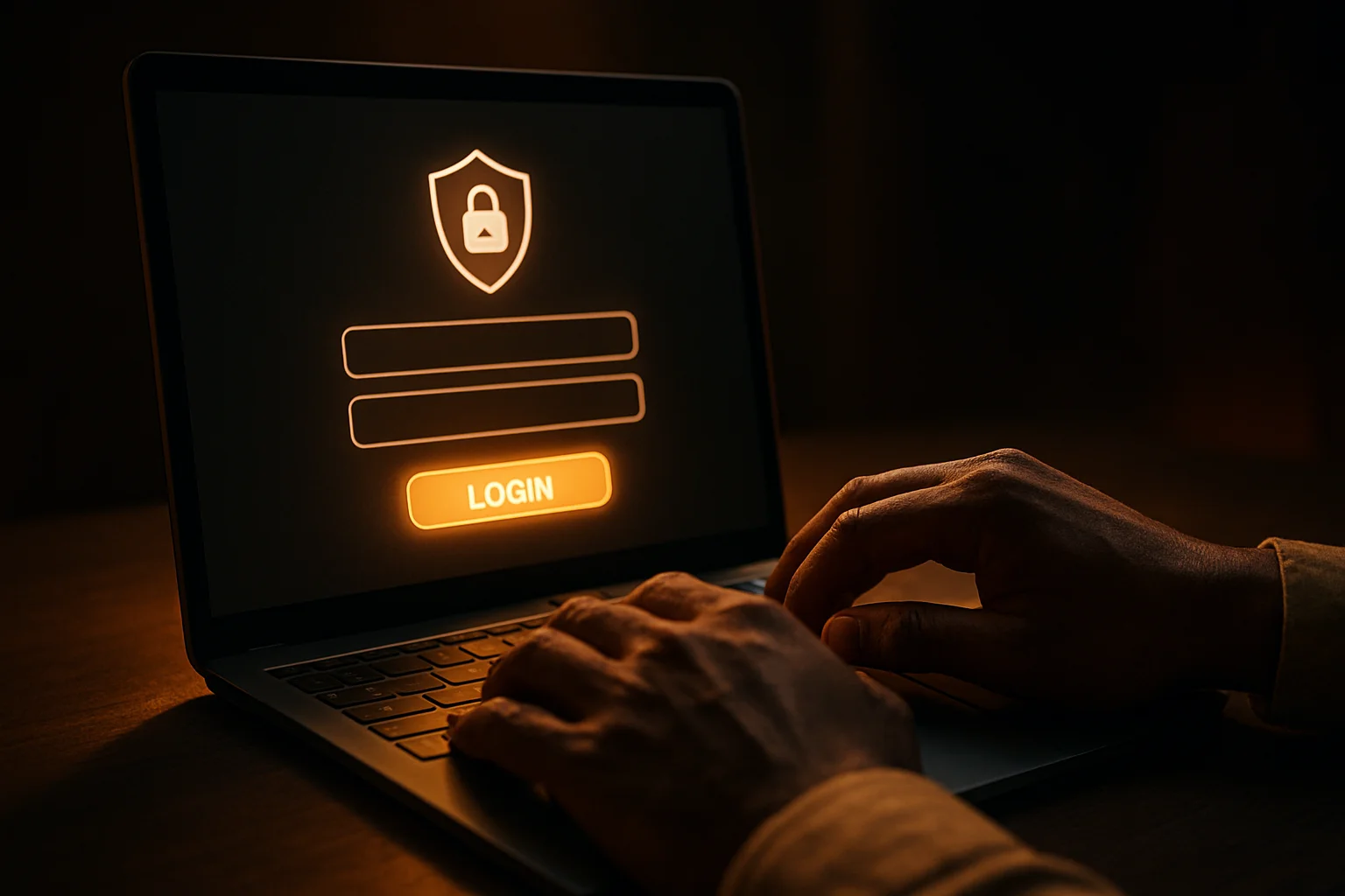 Bangladeshi man's hands on laptop showing stylized login form screen