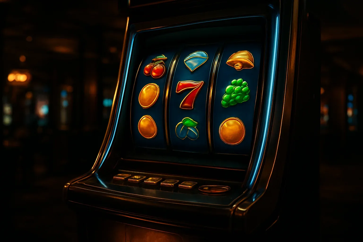 Hyperrealistic premium slot machine with glowing reels in a dark luxury casino